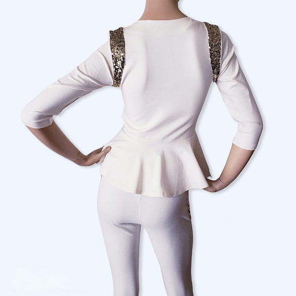 Forever 21 Ivory Peplum Knit Gold Sequin Top - Picture 6 of 8